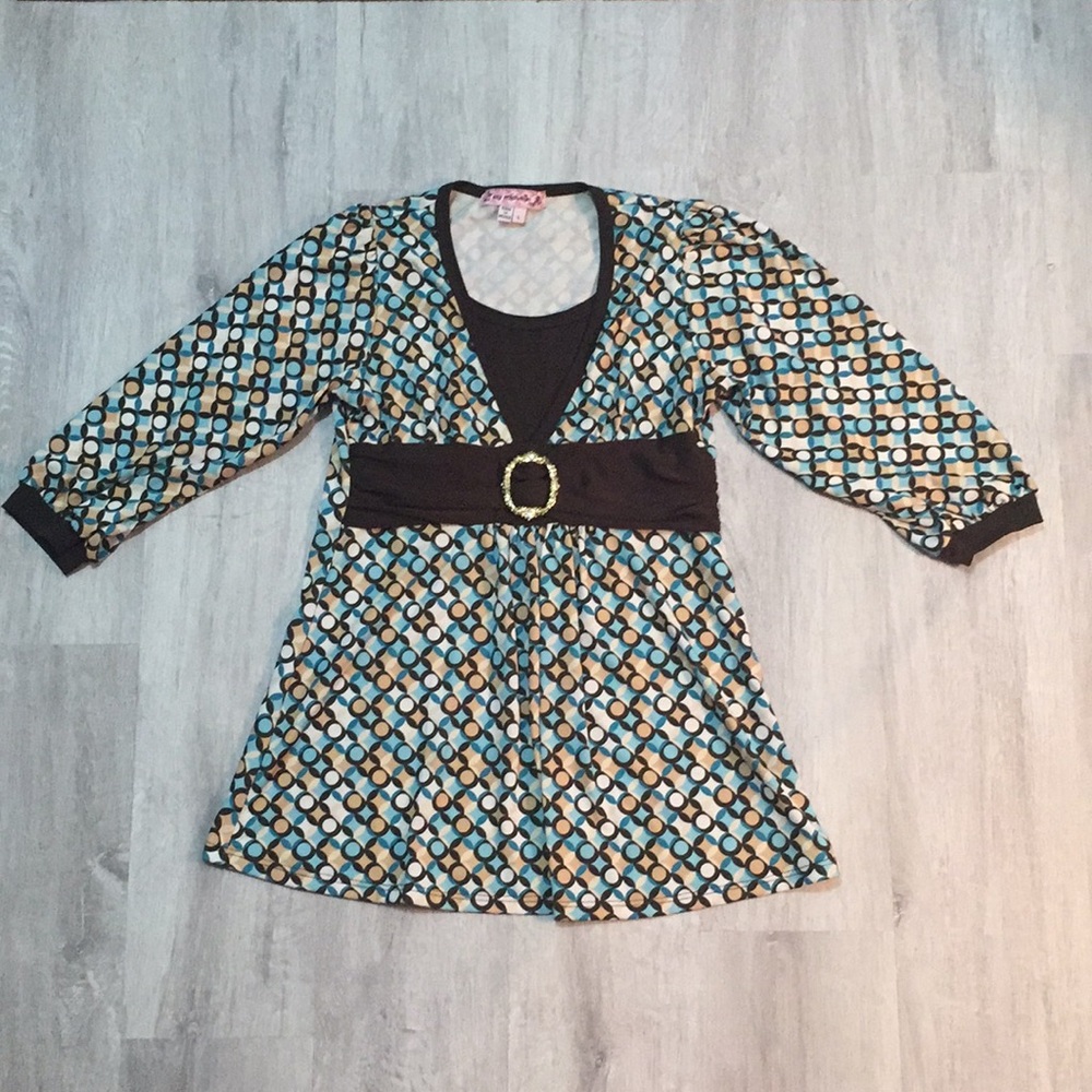My Michelle Patterned Girls Blouse Three Quarter Sleeve Large Jewel Accent